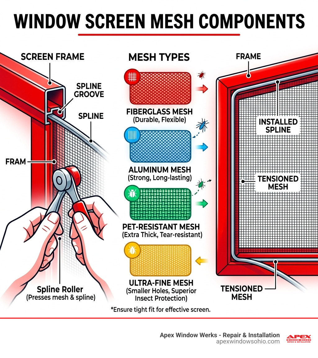 Window screen mesh components infographic showing frame, spline groove, mesh types, and spline roller - install window