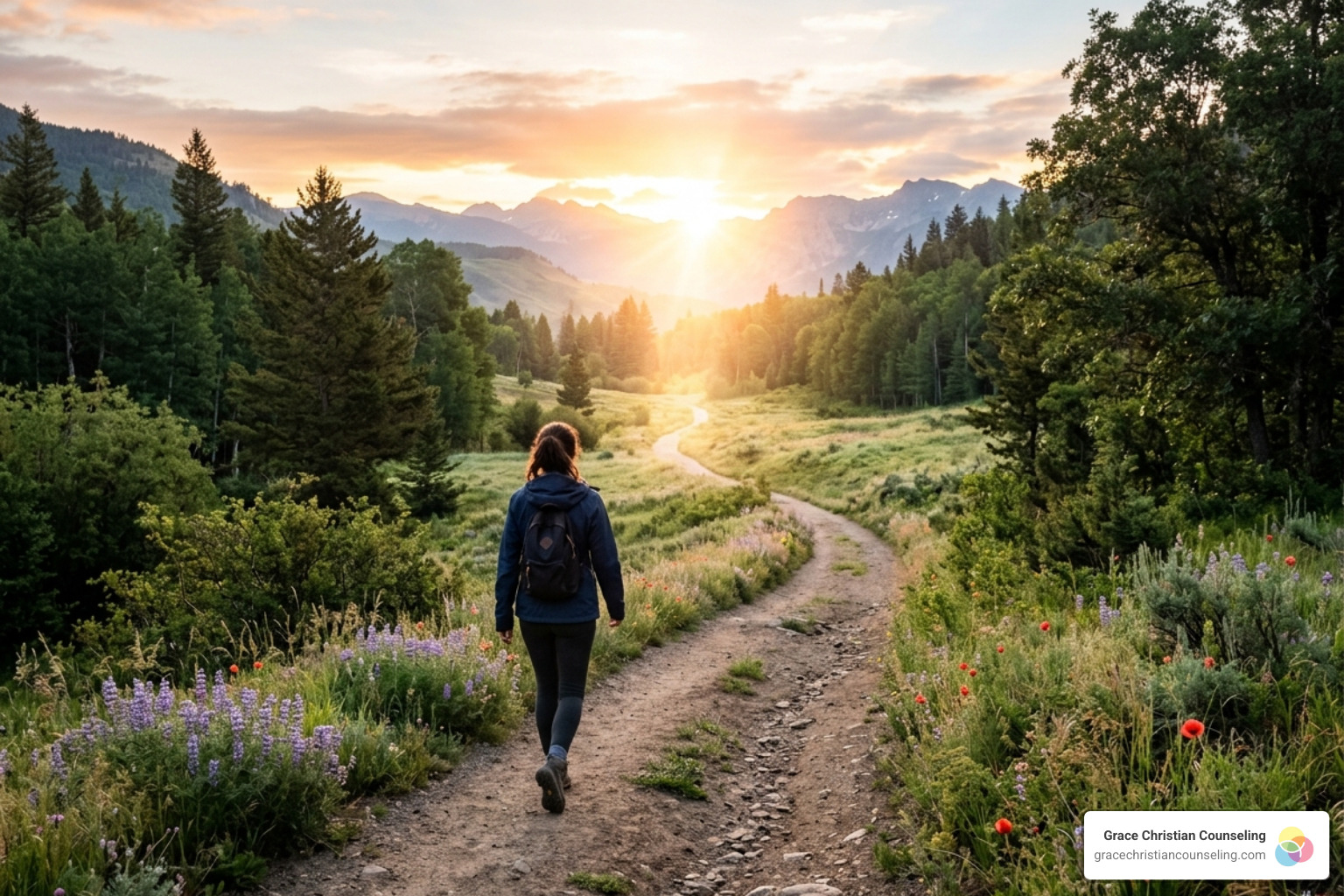 Person walking toward a bright light at the end of a path - Bethel Park Bible based trauma therapy