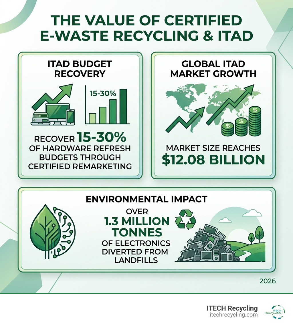 E-waste statistics: 15-30% budget recovery through ITAD, $12.08B market size, 1.3M tonnes diverted - Certified electronics