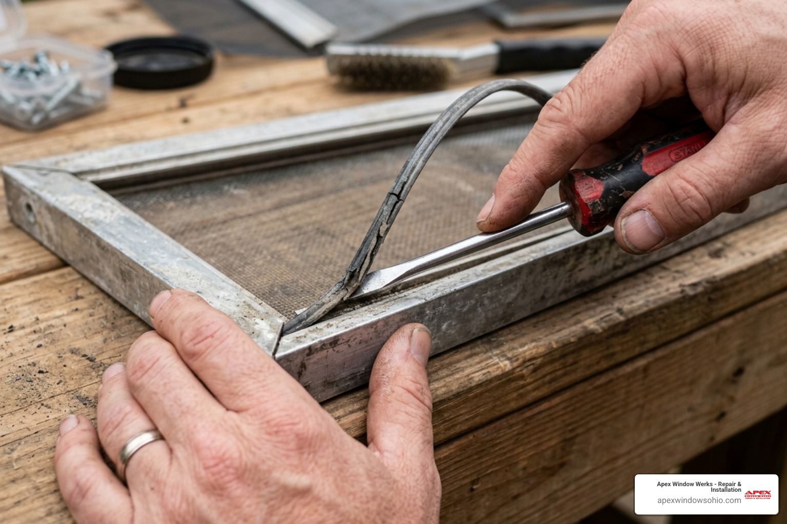 Person prying old spline out of an aluminum frame with a screwdriver - install window screen mesh