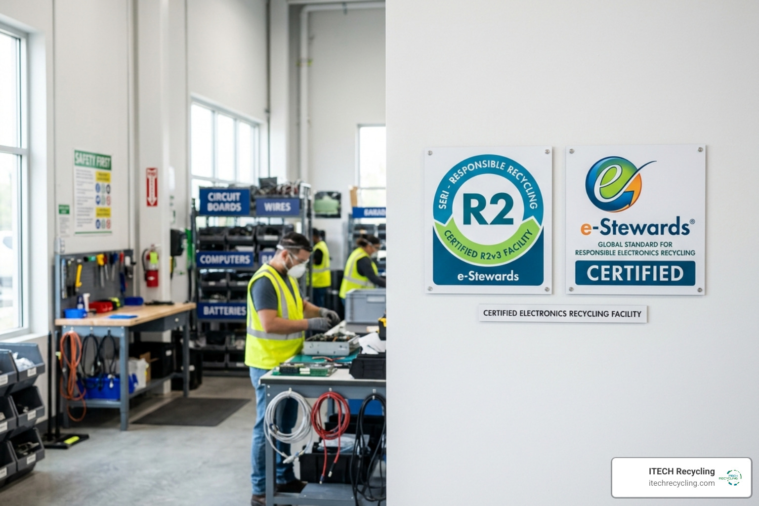 R2 and e-Stewards certification seals on a clean facility wall - Certified electronics recycling center