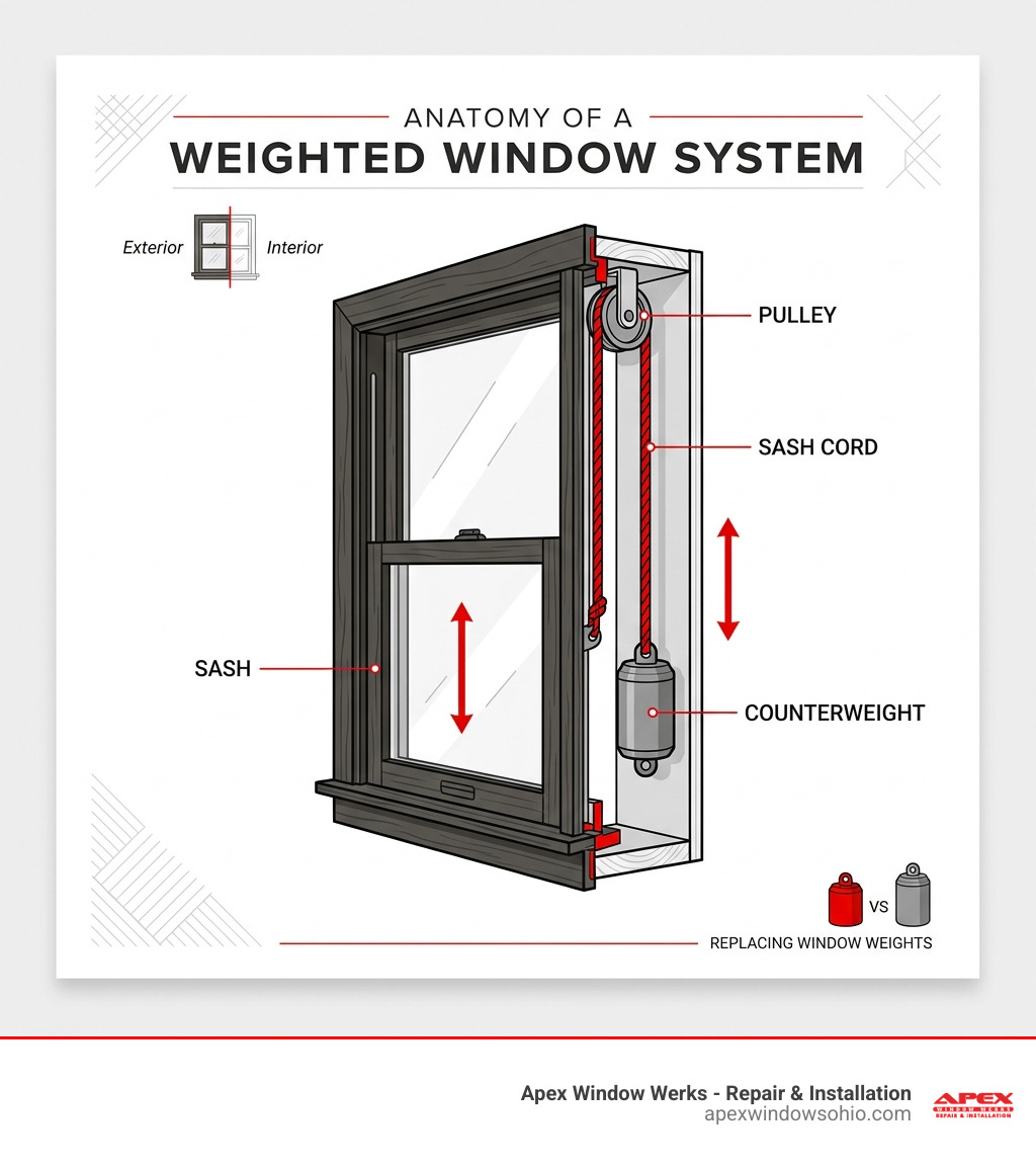 Anatomy of a weighted window system showing sash, cord, pulley, and counterweight - replace window weights infographic Anatomy of a weighted window system showing sash, cord, pulley, and counterweight - replace window weights infographic