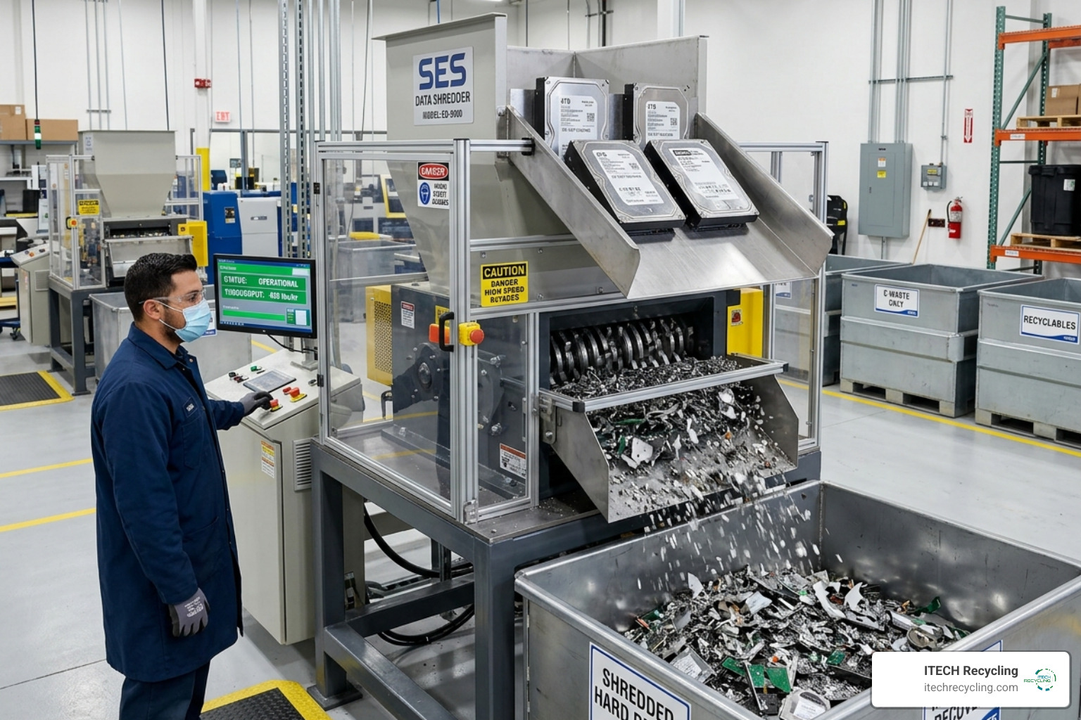 Industrial hard drive shredder processing enterprise-grade storage disks - Certified electronics recycling center