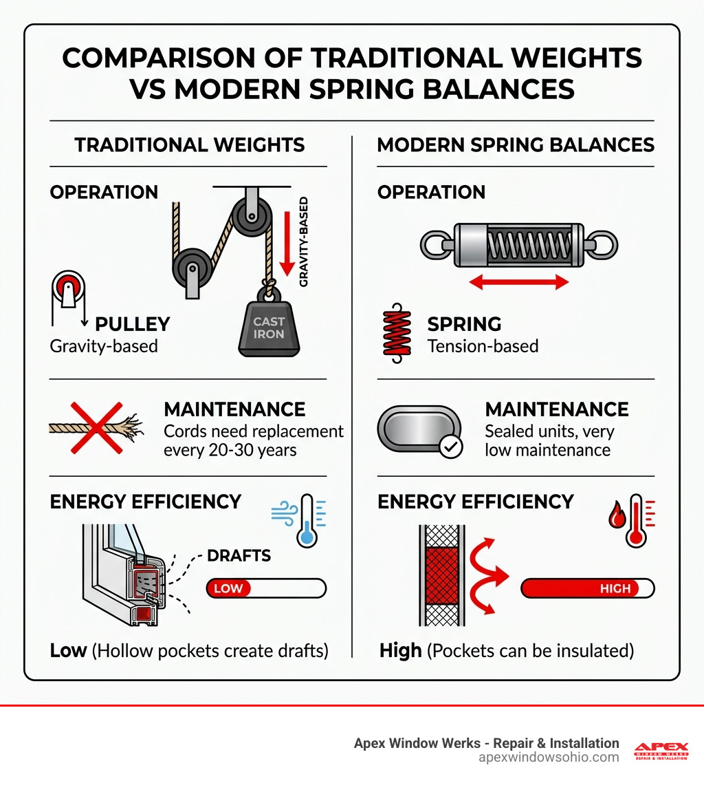 Comparison of traditional weights vs modern spring balances - replace window weights infographic Comparison of traditional weights vs modern spring balances - replace window weights infographic