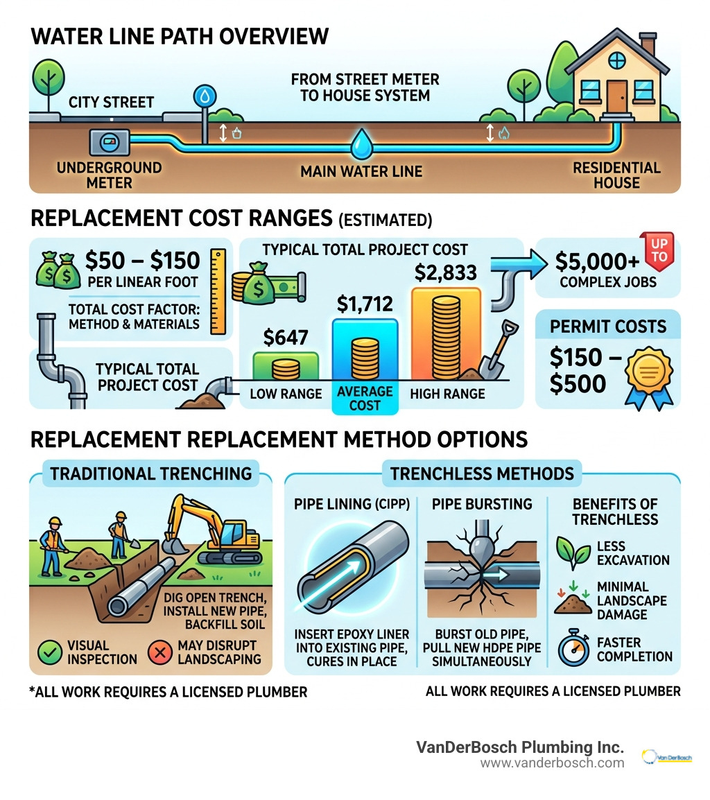Infographic showing water line path from street meter to house with cost ranges and method options - replacing main water Infographic showing water line path from street meter to house with cost ranges and method options - replacing main water