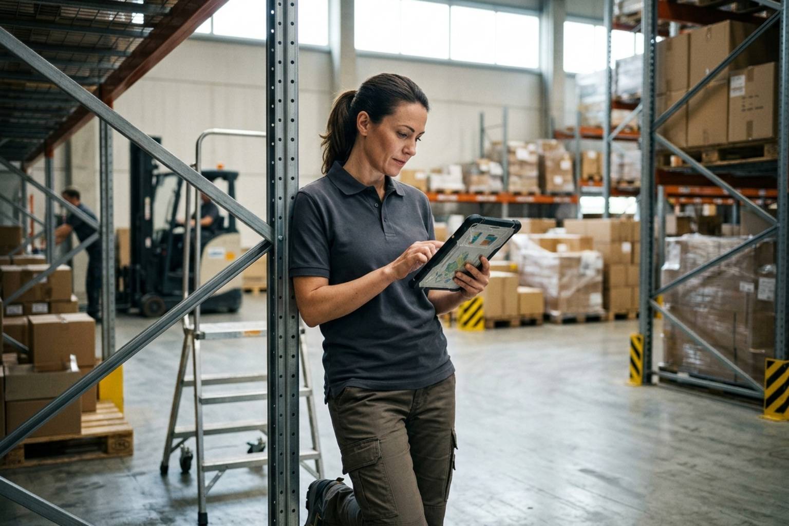 logistics professional reviewing a real-time data dashboard on a tablet in a bright warehouse - 3pl omnichannel fulfillment