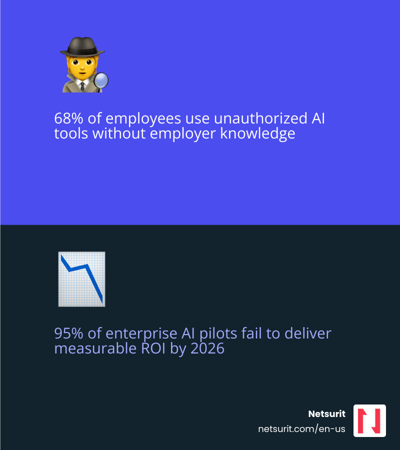 Infographic showing 95% AI pilot failure rate, 68% shadow AI usage, and key AI audit focus areas for Houston businesses - AI