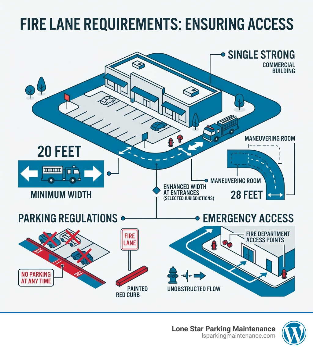 infographic showing fire lane clearance zones, width requirements, and access areas around a building - what is a fire lane infographic showing fire lane clearance zones, width requirements, and access areas around a building - what is a fire lane