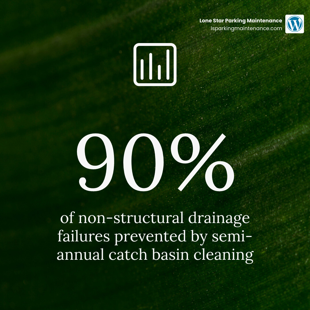 infographic showing that regular catch basin cleaning prevents 90% of drainage failures - fix parking lot flooding infographic showing that regular catch basin cleaning prevents 90% of drainage failures - fix parking lot flooding