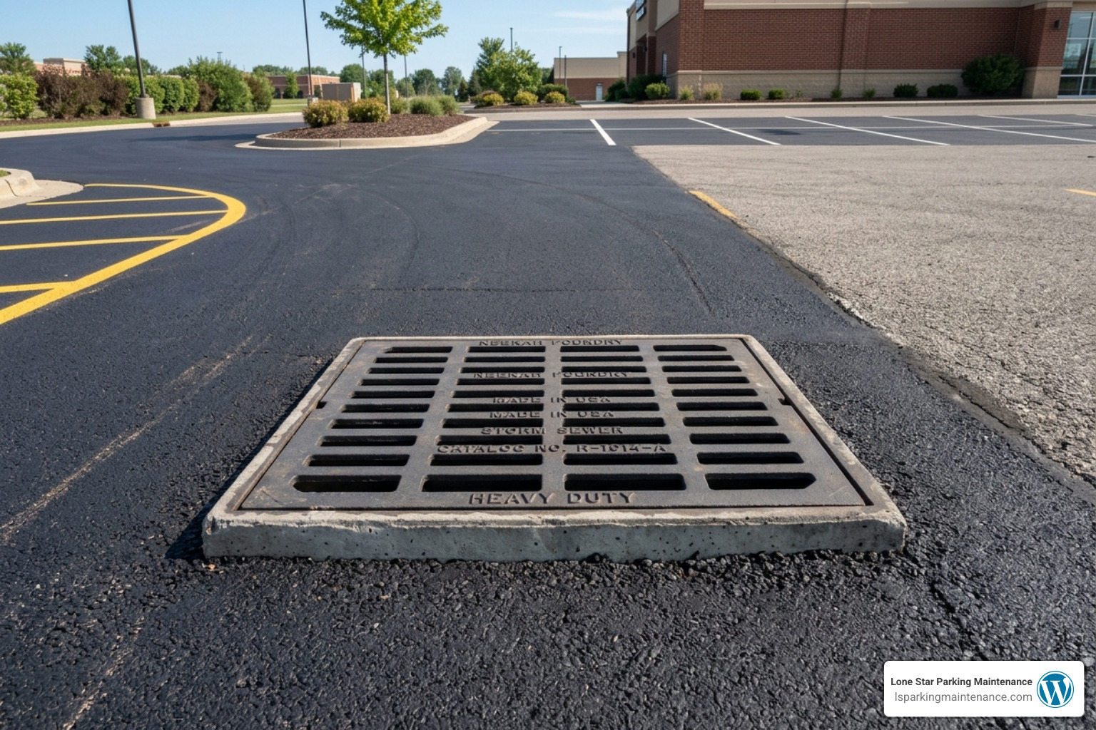 newly installed concrete catch basin with heavy-duty iron grate in a commercial lot - fix parking lot flooding newly installed concrete catch basin with heavy-duty iron grate in a commercial lot - fix parking lot flooding