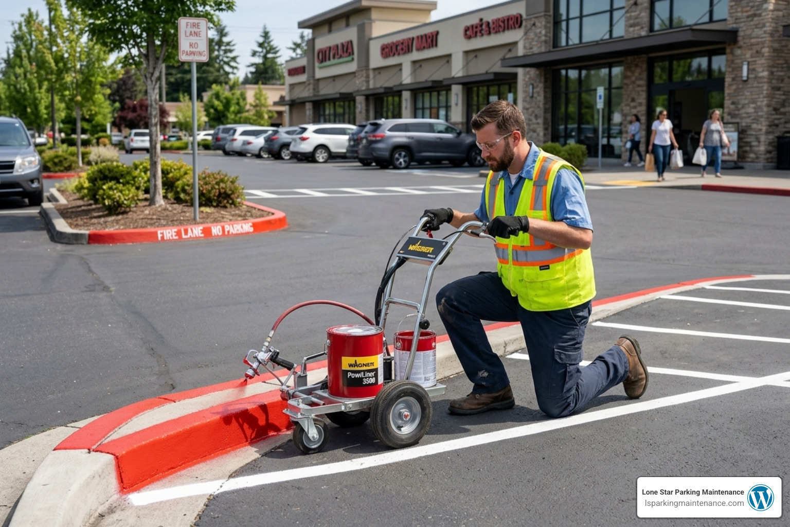 professional red curb striping being applied to a commercial parking lot - what is a fire lane in a parking lot professional red curb striping being applied to a commercial parking lot - what is a fire lane in a parking lot