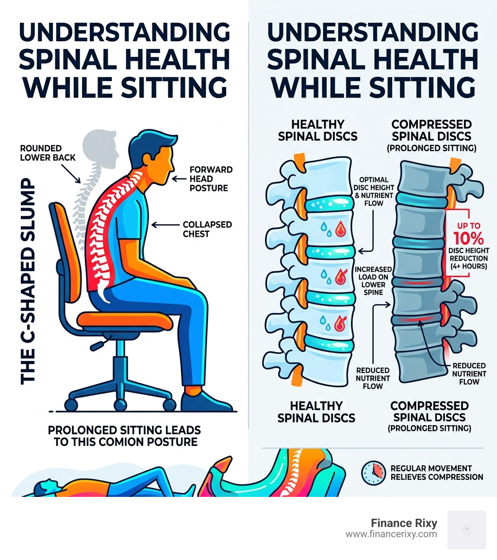 visualizing spinal disc compression and the C-shaped slump - back stretches for sitting at a desk infographic 
