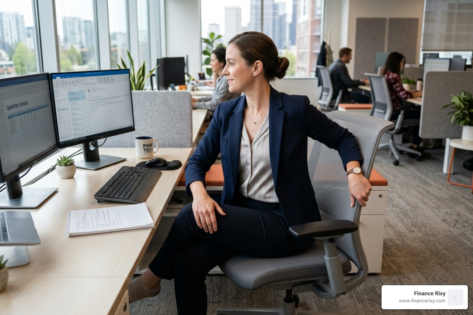 professional performing a seated spinal twist at a desk - back stretches for sitting at a desk