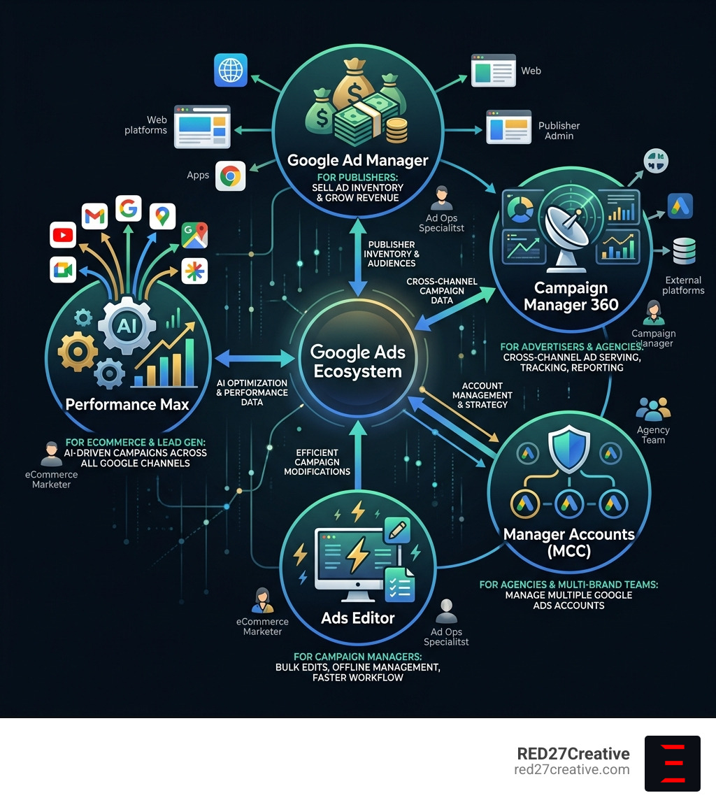 Infographic showing the Google Ads ecosystem: Ad Manager, Campaign Manager 360, Manager Accounts, Ads Editor, and Infographic showing the Google Ads ecosystem: Ad Manager, Campaign Manager 360, Manager Accounts, Ads Editor, and