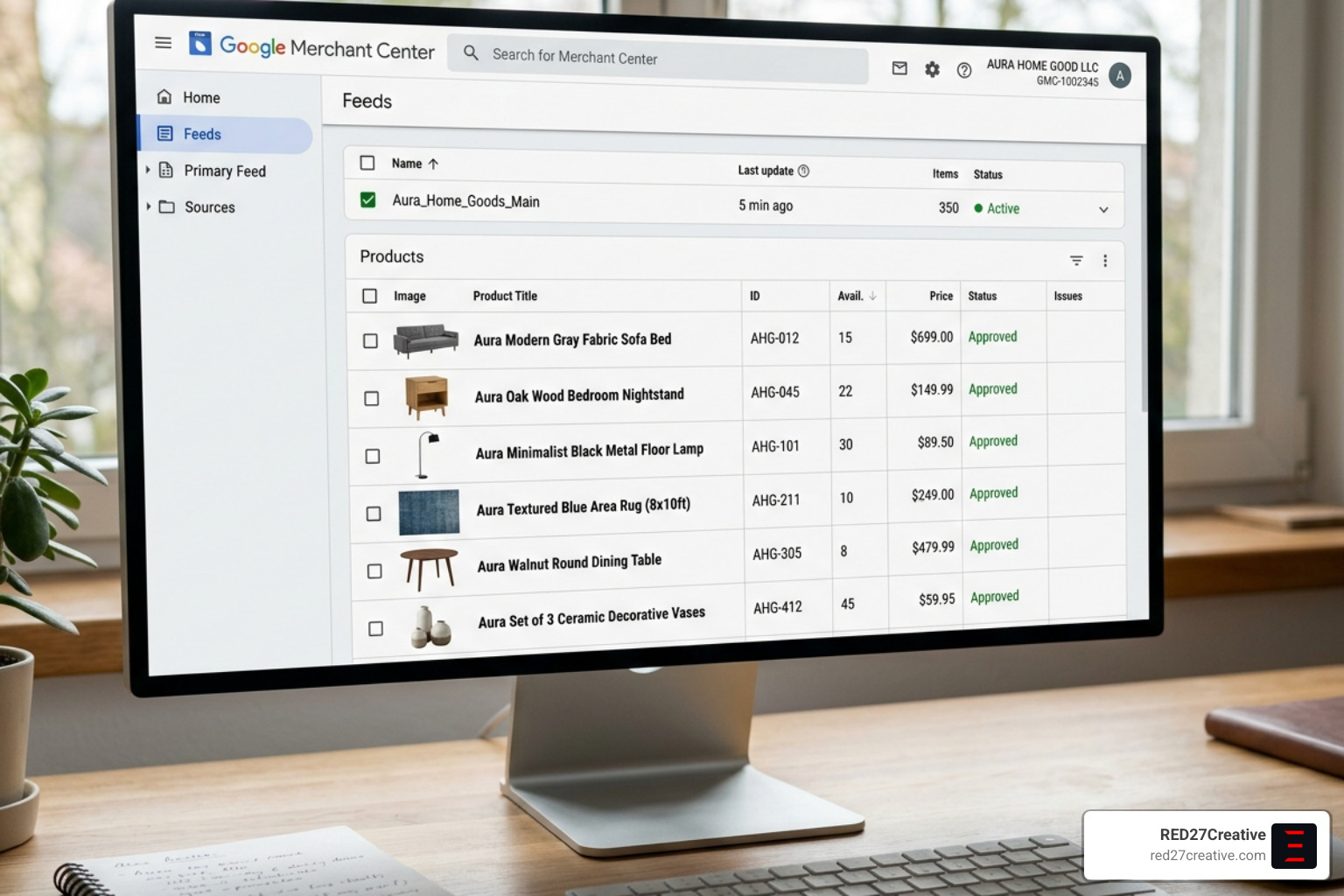 Image showing optimized retail product feed in Google Merchant Center with high-quality images and titles - google ad Image showing optimized retail product feed in Google Merchant Center with high-quality images and titles - google ad