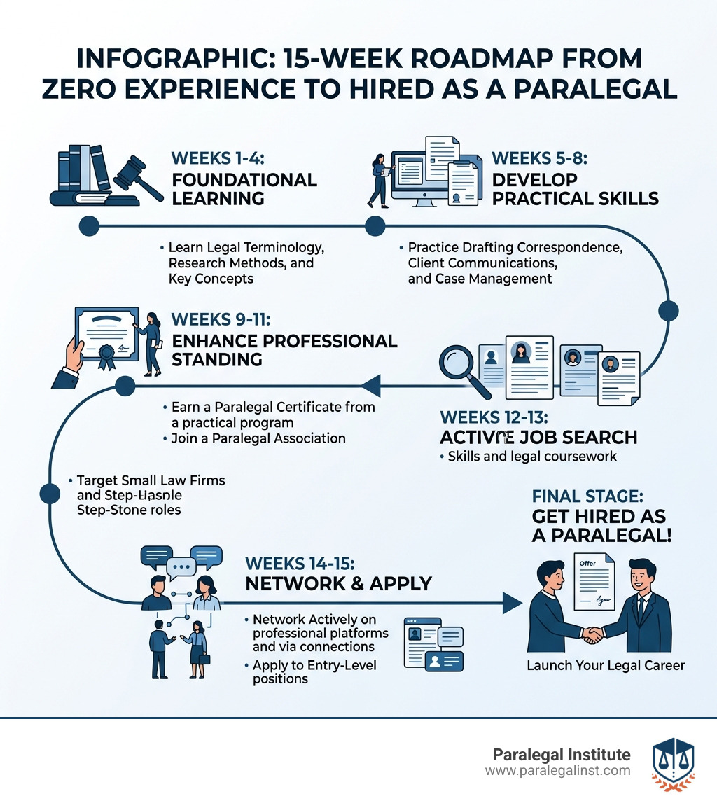 Infographic: 15-week roadmap from zero experience to hired as a paralegal - how to get a paralegal job without experience