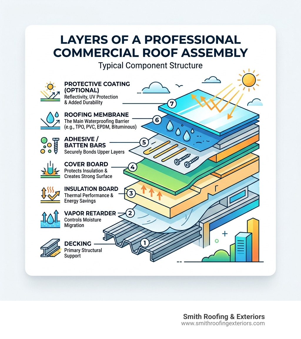Layers of a professional commercial roof assembly infographic - commercial roofing systems infographic Layers of a professional commercial roof assembly infographic - commercial roofing systems infographic