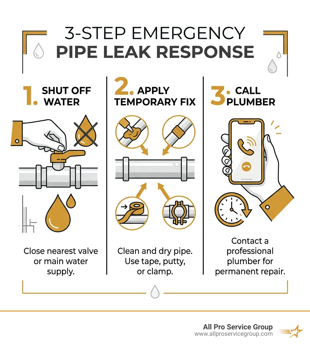 3-step emergency pipe leak response infographic: shut off water, apply temporary fix, call plumber - best way to stop a 3-step emergency pipe leak response infographic: shut off water, apply temporary fix, call plumber - best way to stop a