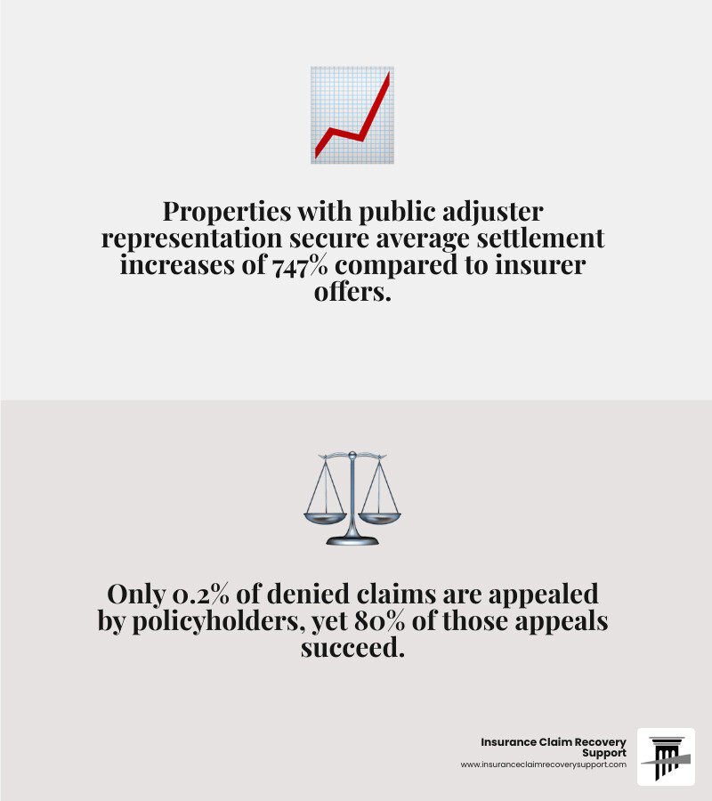 Infographic comparing average settlement increases with and without public adjuster representation - Denied & Underpaid