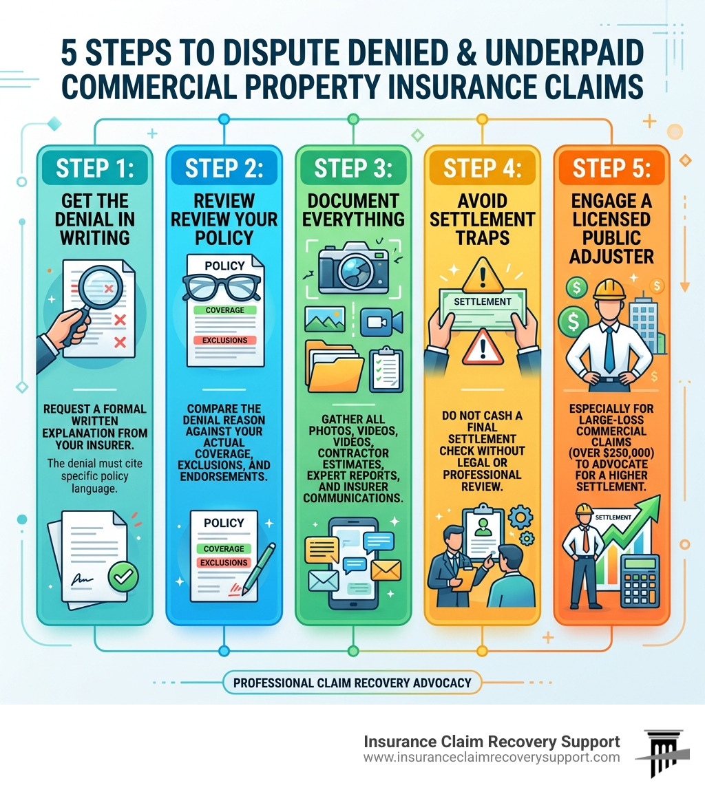 Infographic showing 5-step process to dispute denied and underpaid commercial property insurance claims - Denied & Underpaid