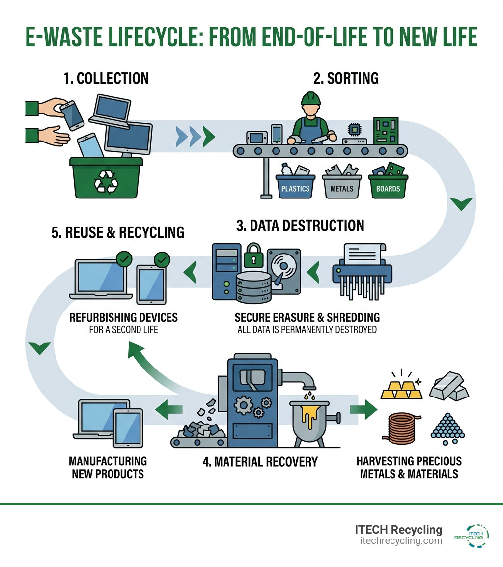 E-waste lifecycle infographic showing collection, sorting, data destruction, material recovery, and reuse stages E-waste lifecycle infographic showing collection, sorting, data destruction, material recovery, and reuse stages