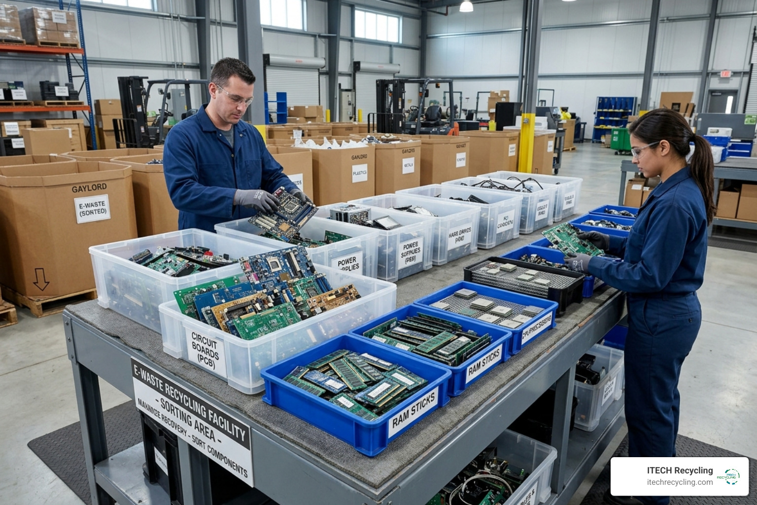 Sorted computer parts and circuit boards ready for recycling - electronic waste recycling center Sorted computer parts and circuit boards ready for recycling - electronic waste recycling center