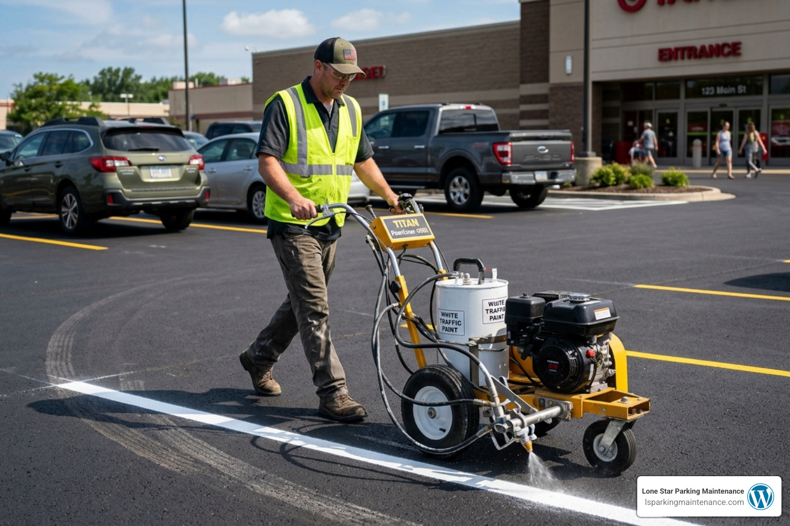 Professional line striping machine - restriping a parking lot Professional line striping machine - restriping a parking lot