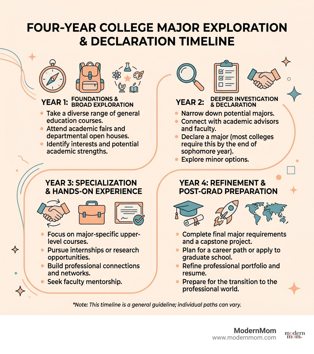 infographic showing four-year college major exploration and declaration timeline - Choosing college major infographic infographic showing four-year college major exploration and declaration timeline - Choosing college major infographic