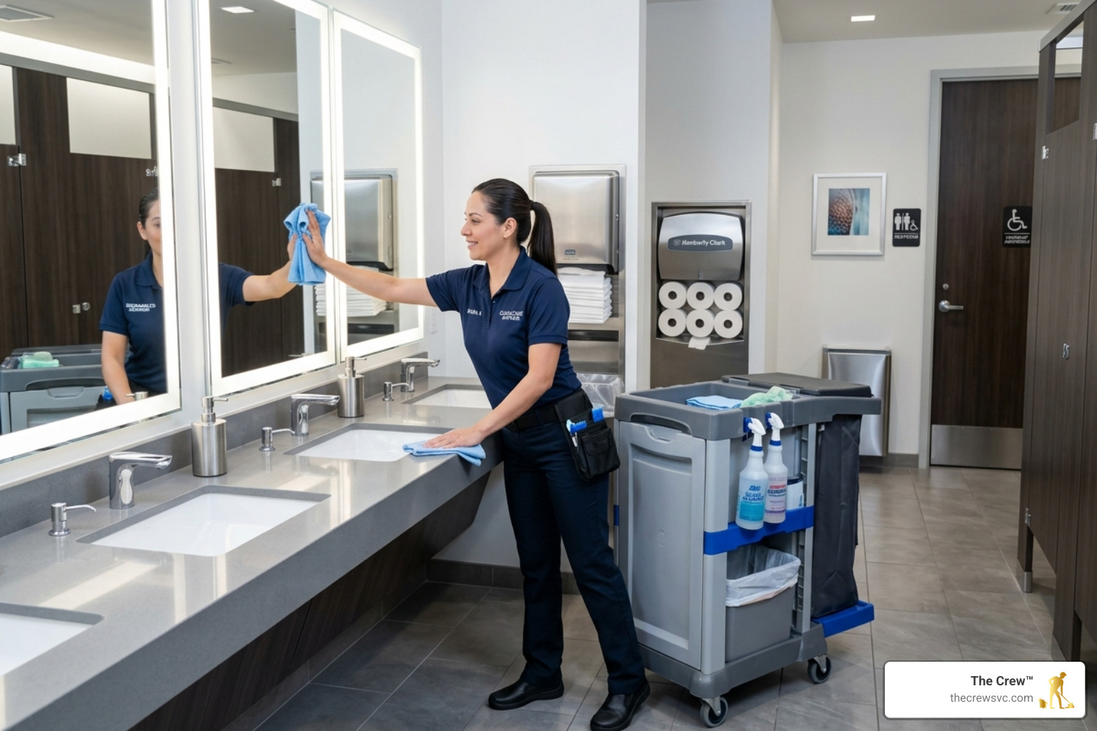 A professional porter restocking supplies and maintaining a high-end commercial restroom - commercial cleaning with porters