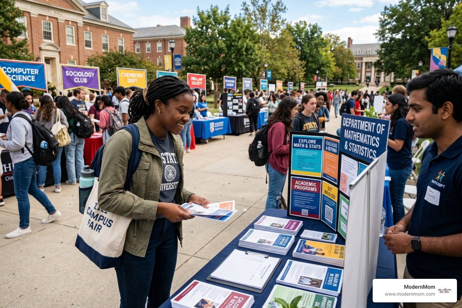 student attending a campus involvement fair looking at different department booths - Choosing college major student attending a campus involvement fair looking at different department booths - Choosing college major
