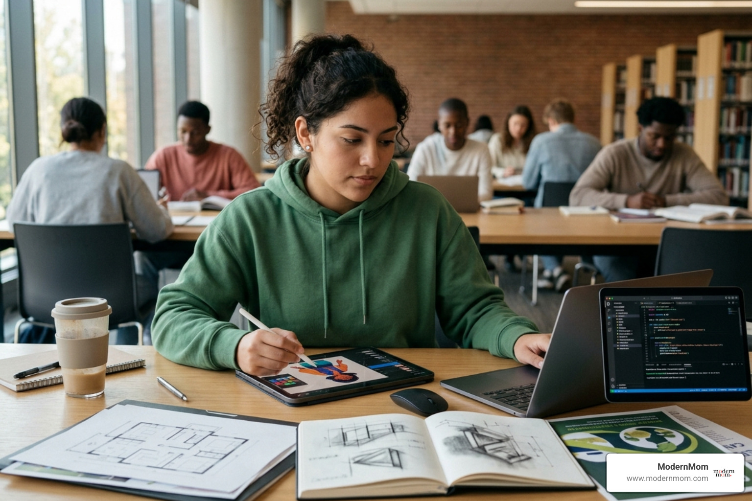 student working on a diverse portfolio of projects including digital art and coding - Choosing college major student working on a diverse portfolio of projects including digital art and coding - Choosing college major