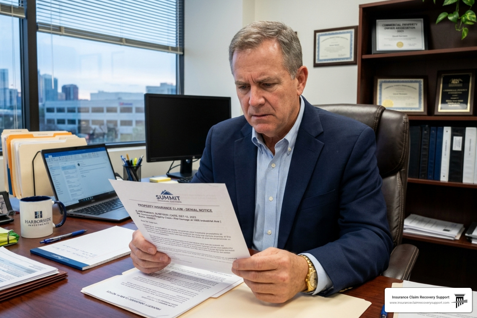 Commercial property owner reviewing a denied insurance claim letter - Denied & Underpaid Insurance Claims
