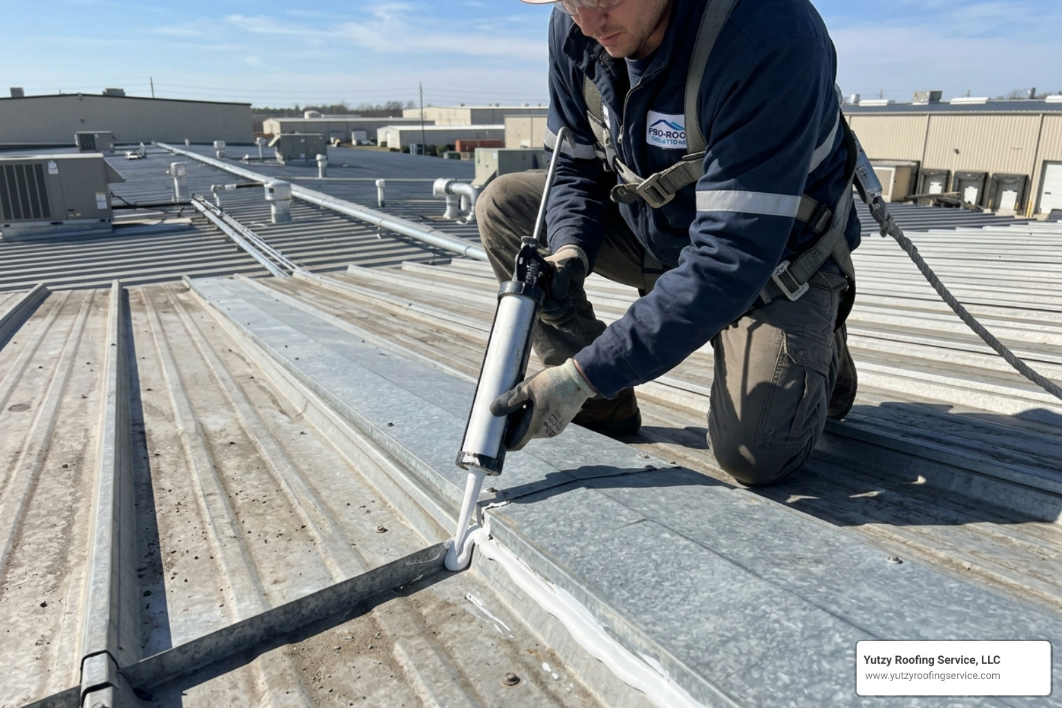 Technician applying elastomeric sealant to a lap seam on a commercial roof - metal roof sealant Technician applying elastomeric sealant to a lap seam on a commercial roof - metal roof sealant