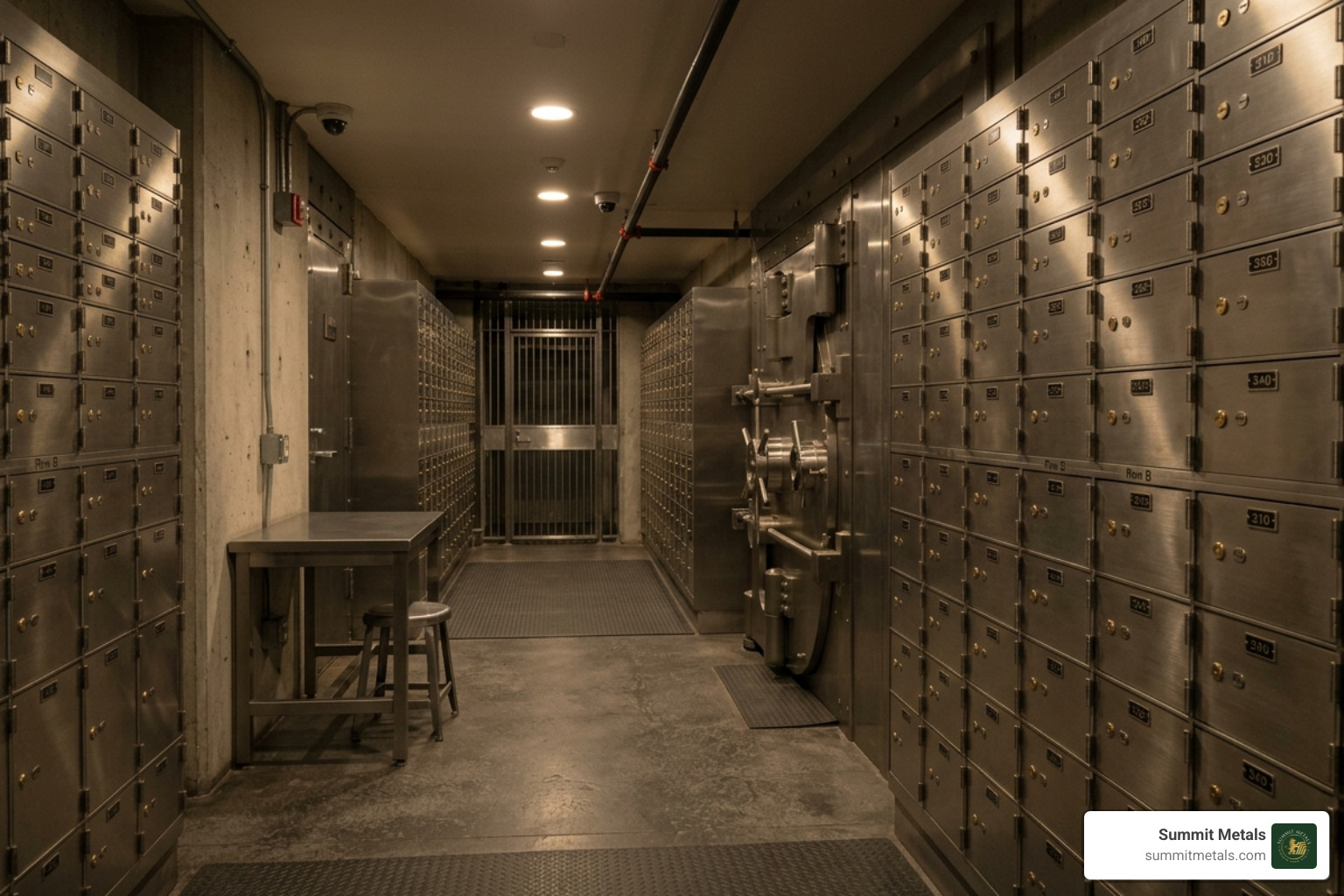 A secure private vault room with rows of safety deposit boxes - bulk buy gold grams