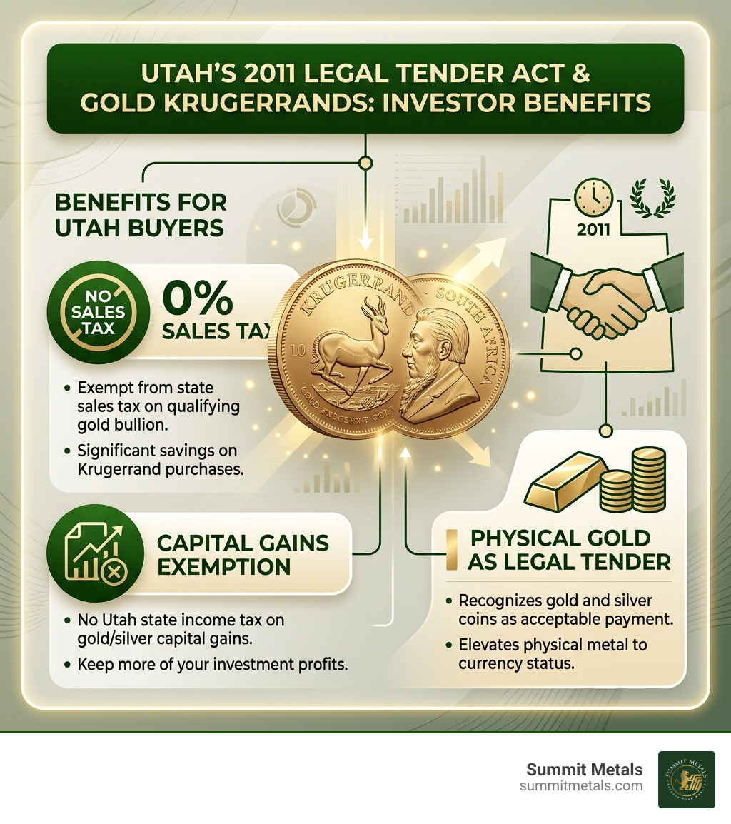 Infographic showing Utah's 2011 Legal Tender Act benefits for gold Krugerrand buyers including no sales tax and capital