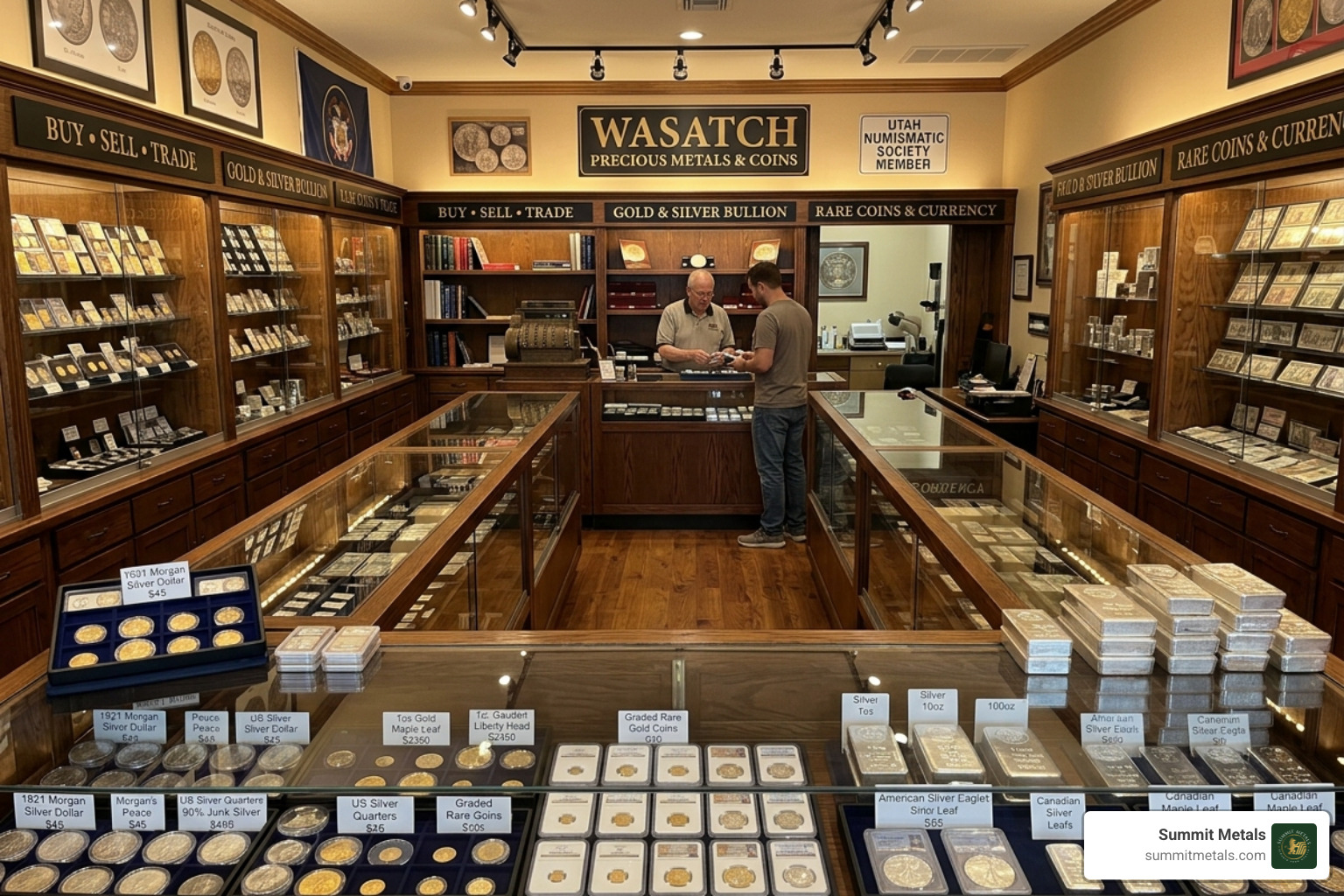 A local Utah coin shop interior showing display cases of gold and silver coins - gold krugerrand Utah dealer