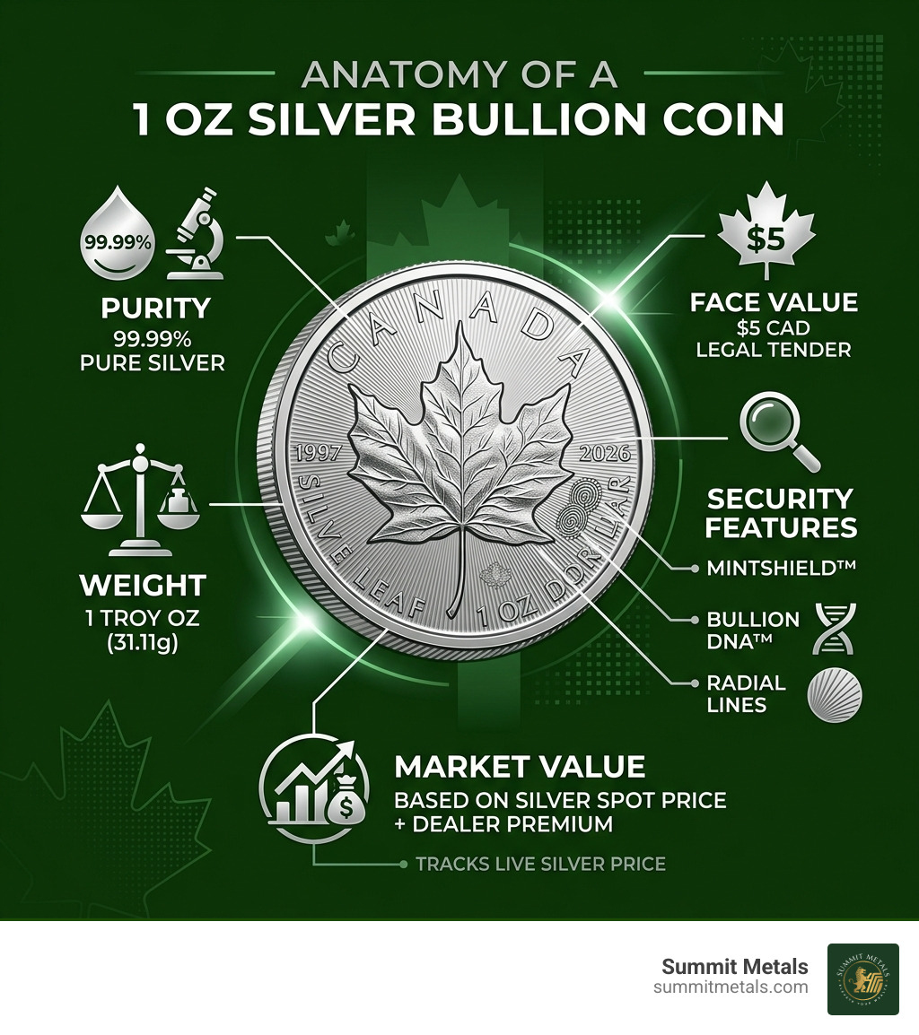 Anatomy of a 1 oz silver bullion coin infographic showing purity, weight, face value, security features, and market value