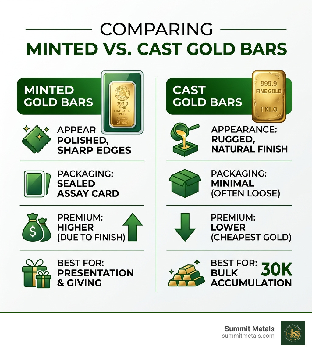 Comparison table showing the difference between minted and cast gold bars - bulk gold bars cheap infographic 