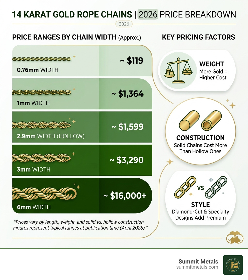 Infographic showing price ranges and key pricing factors for 14 karat gold rope chains in 2026 - 14 karat gold rope chain