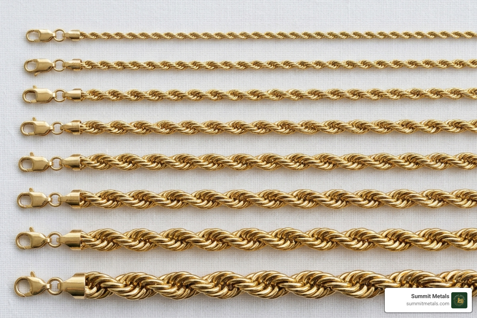 Various widths of rope chains from 1mm to 8mm - 14 karat gold rope chain price