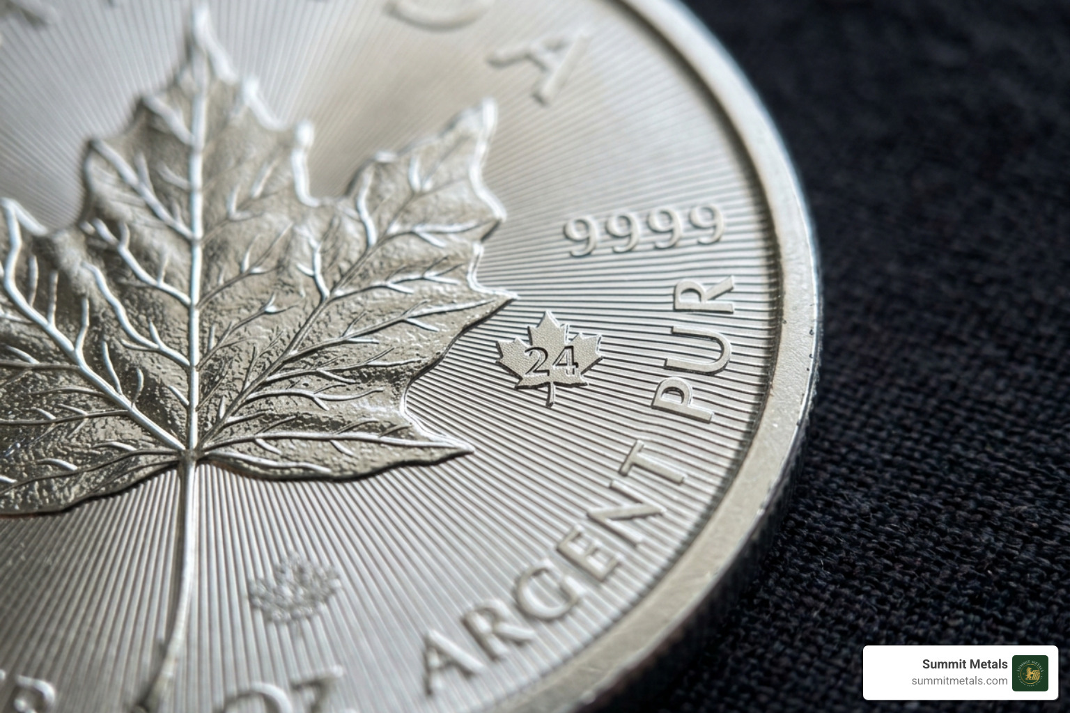 Close-up of radial lines and laser-engraved security privy mark on a silver maple leaf - silver canadian maple coin
