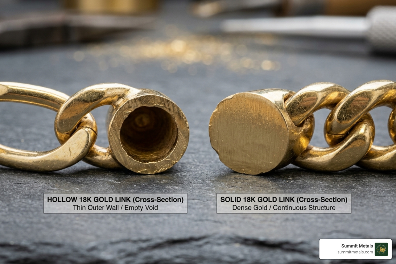 Macro shot comparing the cross-section of a hollow vs solid gold link - 14 karat gold rope chain price