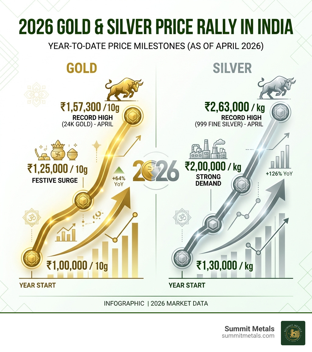 infographic showing 2026 gold and silver price rally in India with key price milestones - gold aur silver ka price