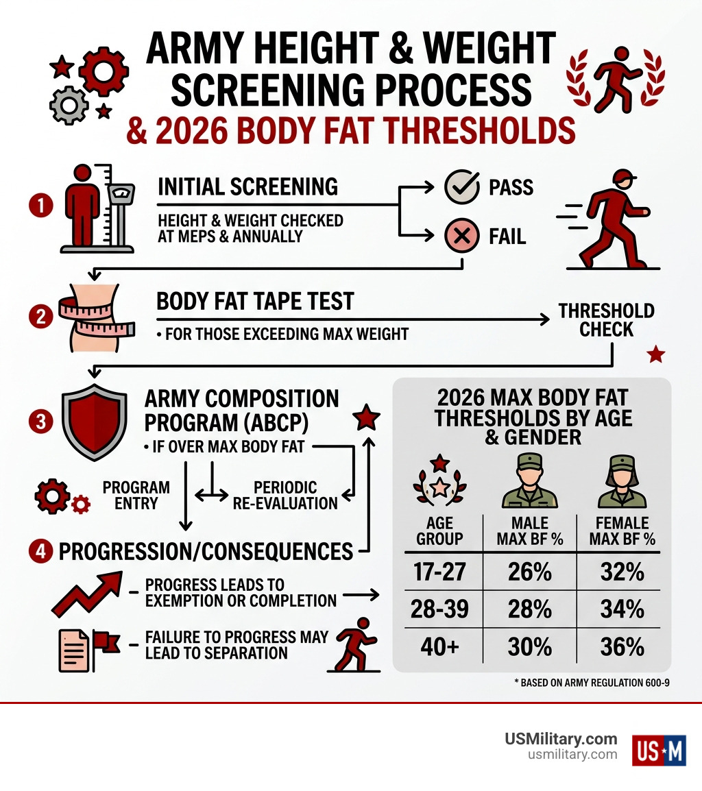 Infographic showing Army height weight screening process and body fat thresholds by age and gender for 2026 - army standard