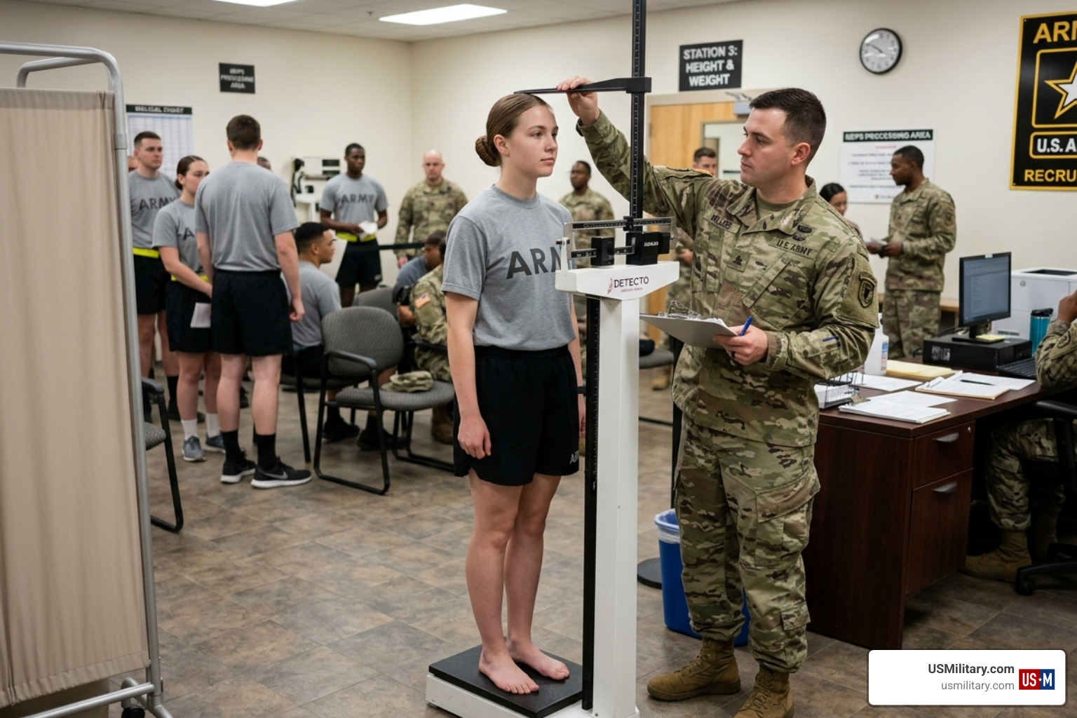 U.S. Army recruit being measured for height and weight at a MEPS station - army standard for height and weight