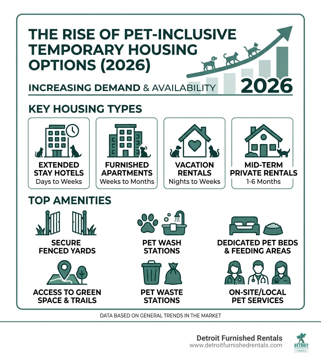 Infographic showing the rise of pet-inclusive temporary housing options in 2026, key housing types, and top amenities