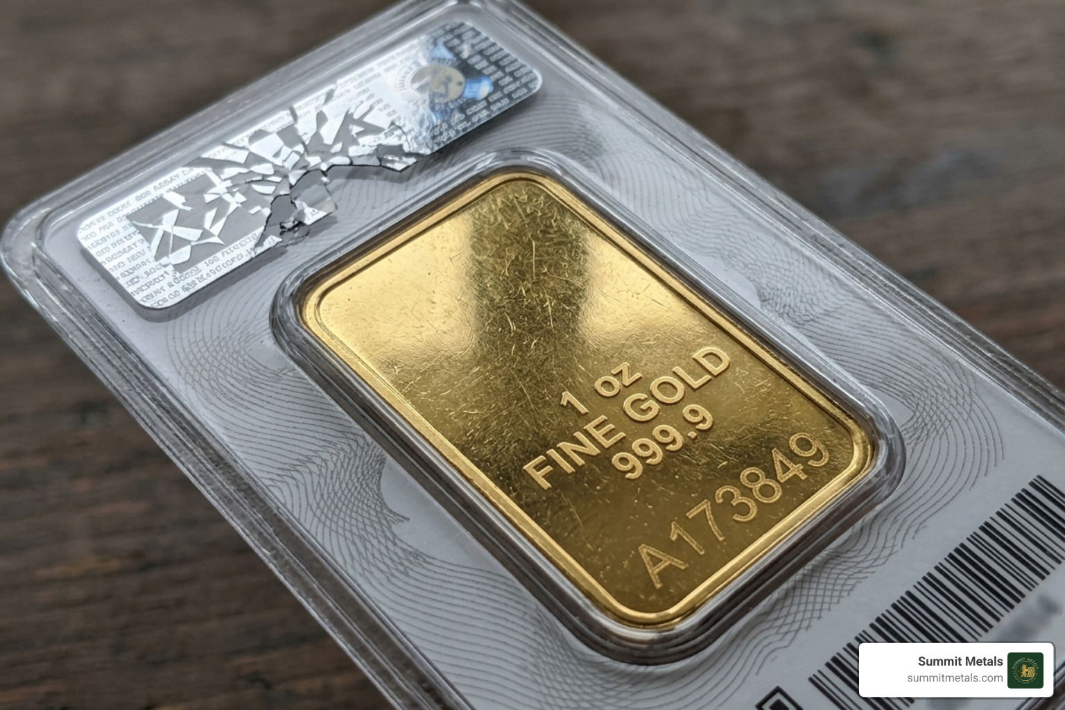 Graphic showing the security features of a gold assay card including serial number and tamper-evident seal - bulk buy gold