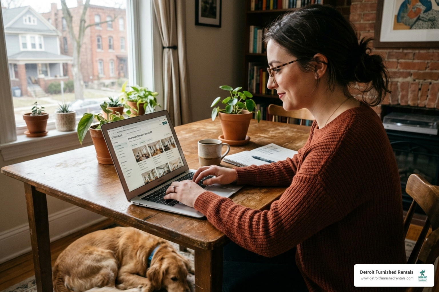 A person using a laptop to search for pet-friendly rental listings in Detroit - temporary pet friendly housing