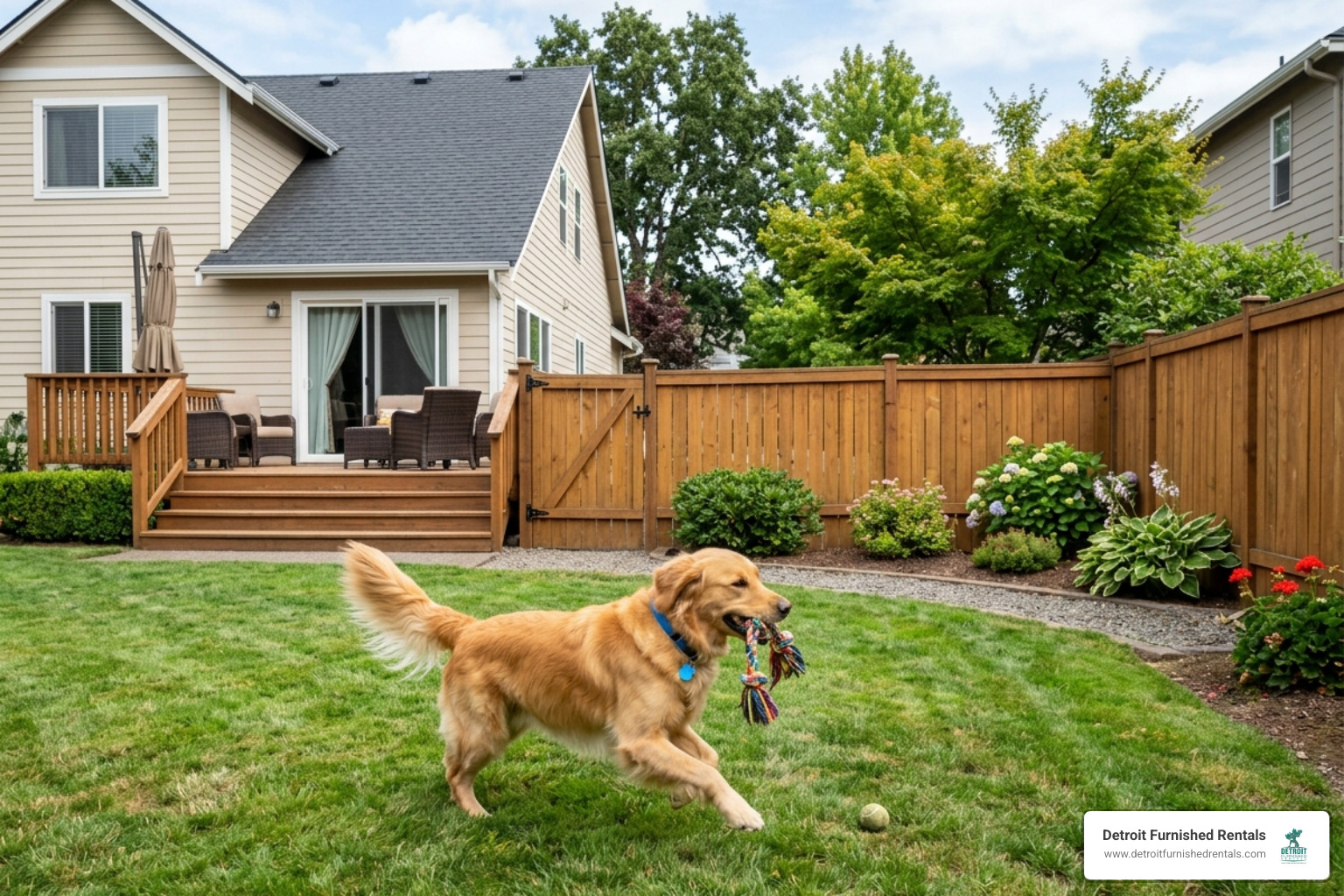 A happy dog playing in a secure, fenced backyard of a temporary rental home - temporary pet friendly housing