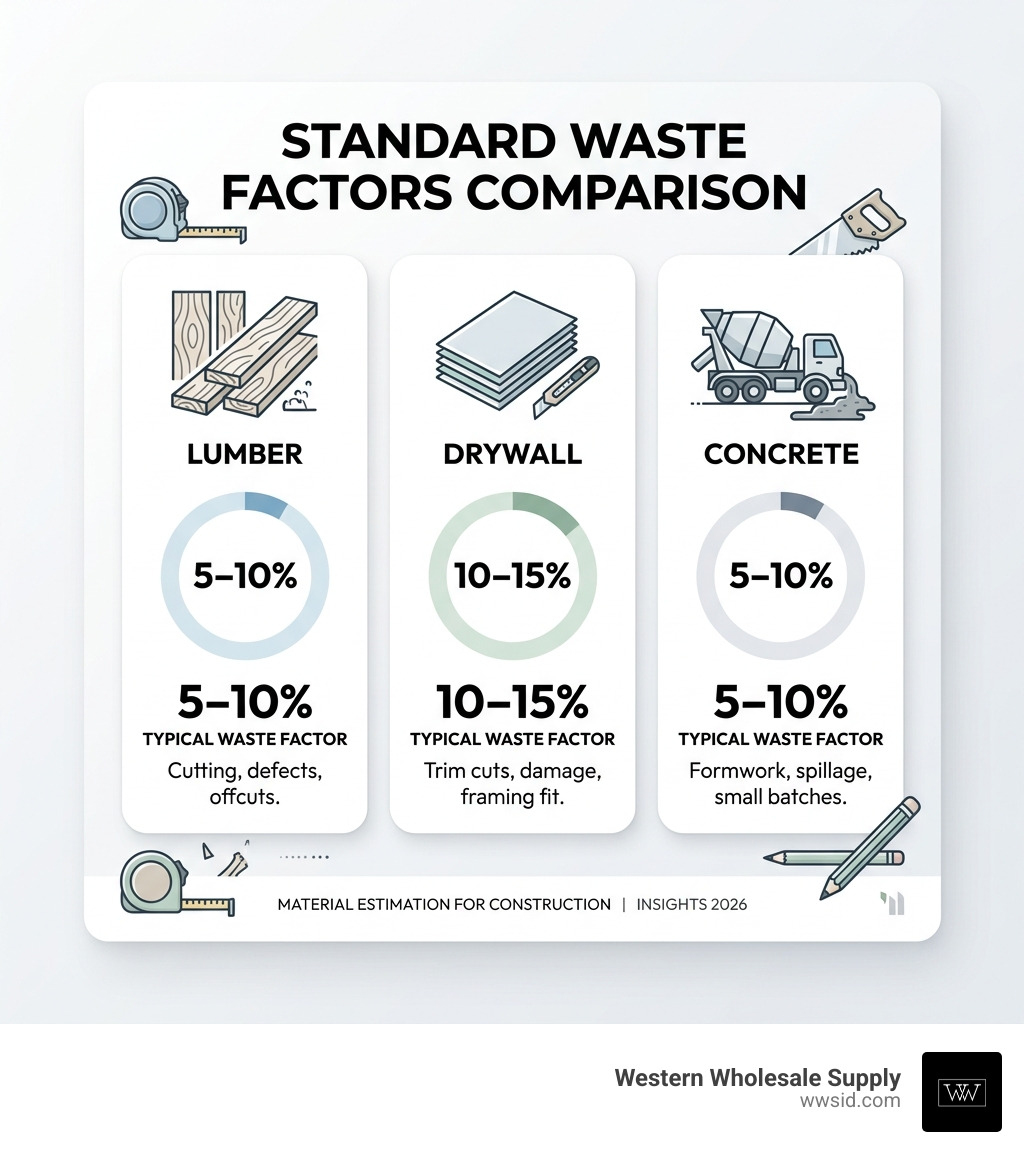standard waste factors comparison for lumber, drywall, and concrete - material estimation for construction infographic standard waste factors comparison for lumber, drywall, and concrete - material estimation for construction infographic